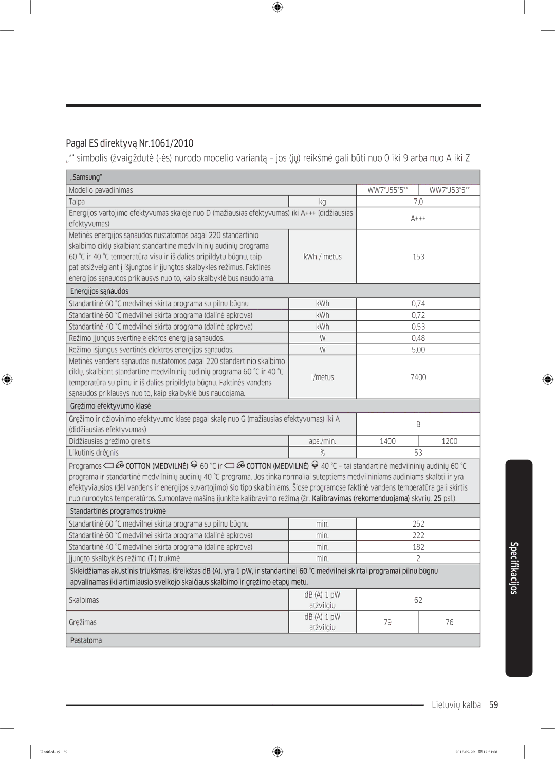 Samsung WW70J5355MW/AD, WW70J5355FW/AD manual Lietuvių kalba 59  